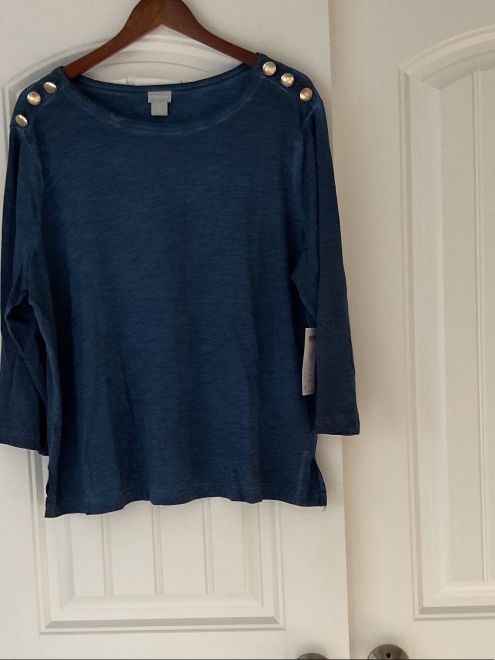 Chico's Slate Blue  3/4-Sleeve Top with Shoulder Buttons